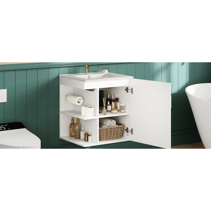 Meuble-lavabo mural, lavabo, armoire de 50 cm, fines rayures sculptées, tablette latérale ouverte, articles de toilette, armoire de rangement fermée de 76 cm, lavabo rectangulaire en céramique, aspect flottant pour créer un espace aéré.