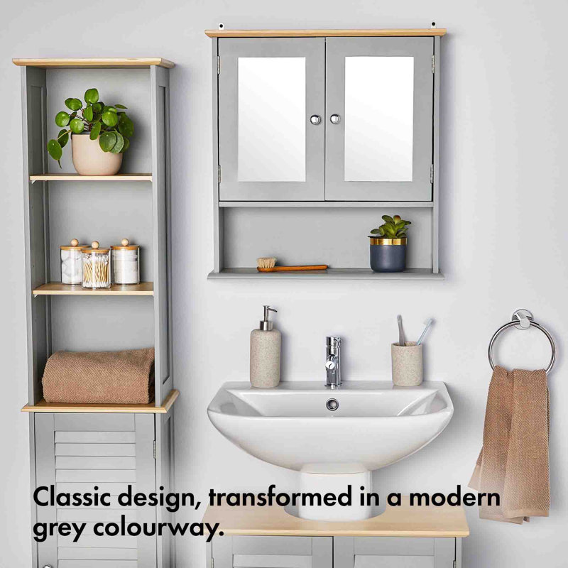 560mm W 580mm H Wall Mounted Required Framed Medicine Cabinet With Mirror And Adjustable Shelf, Grey