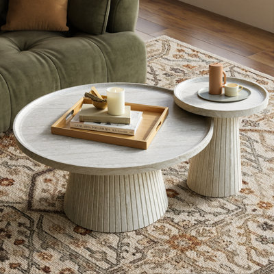  Mid Century Modern 2-Piece Nesting Coffee Table Set with Wood Grain Veneer Fluted Round Top,Stone