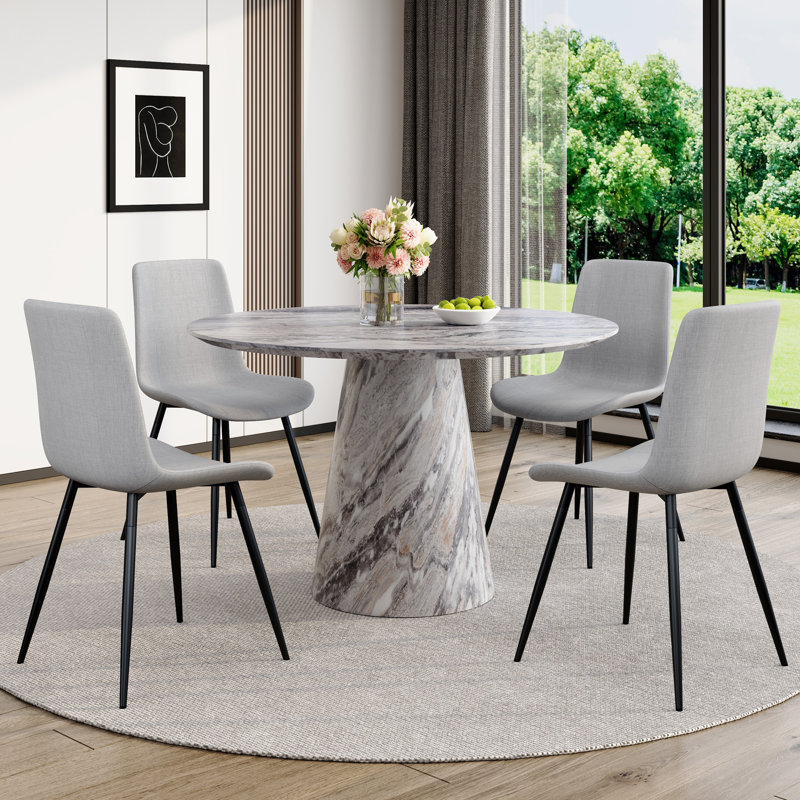 45'' Round Dining Table Set With 4/6 Upholstered Chairs, 5 Pieces: Table, 4 Chairs