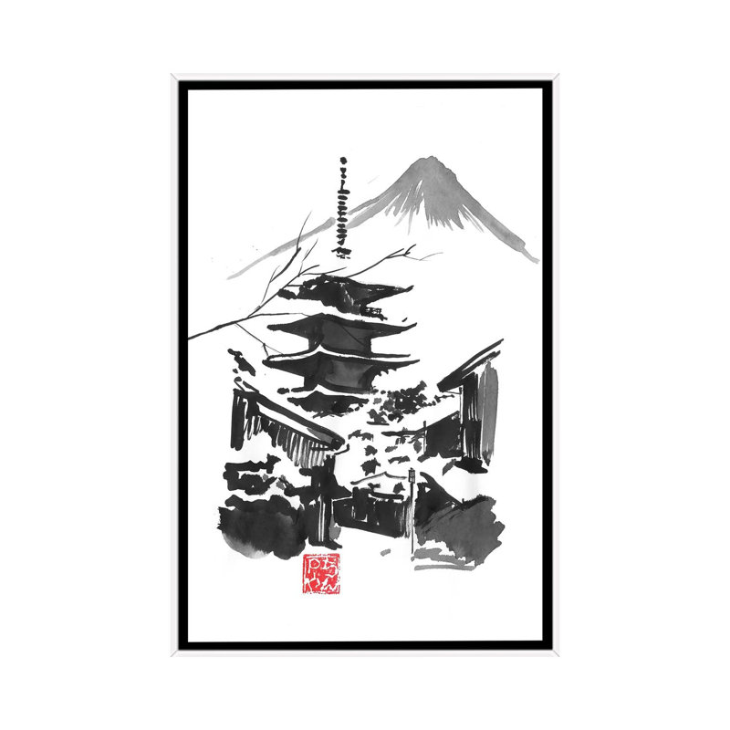 Fuji San And Temple by Péchane - Print on Canvas, 152.5 cm H x 101.5 cm W, White Framed