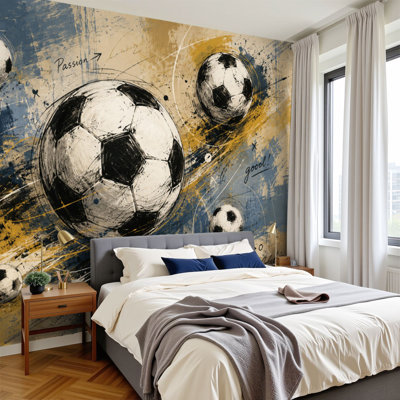 Peel and Stick Wallpaper 69" L x 96" W Modern Self Adhesive Wall Mural for Bedroom - With Abstract Soccer Ball Grunge Artistic Print