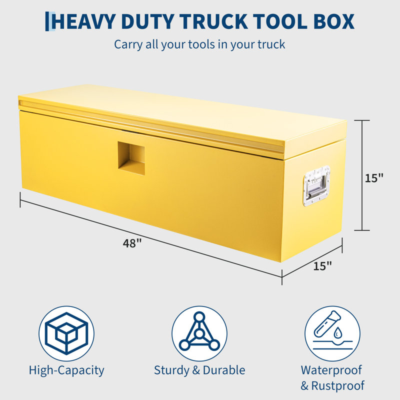 Heavy-Duty Truck Bed Toolbox with Lock, Steel Tool Storage Chest for Pickup, RV, Trailer, Yellow