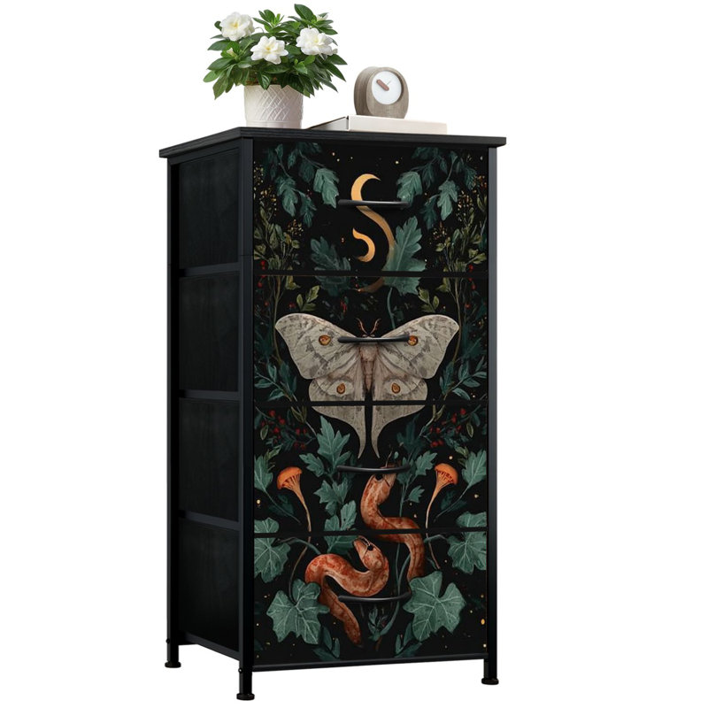 4 Drawer Vertical Storage Dresser magical forest elements snake night moth mushrooms plant space with Wood Top &amp; Fabric Pull Drawers