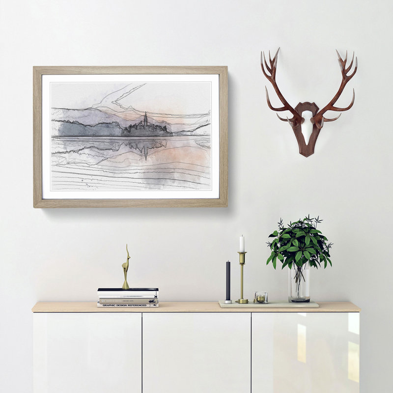 Wintertime at Lake Bled in Slovenia in Abstract - Picture Frame Graphic Art Print, 35cm H x 50cm W x 2cm D, Oak