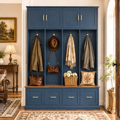 59" Farmhouse Hall Tree with Bench, Storage Cabinets, Drawers & Coat Hooks, All-in-One Entryway Storage Unit