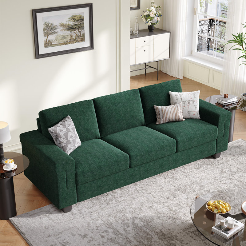 Canapé en polyester à accoudoirs carrés Dereon, Vert, H 32,7 po x l 90 po x P 35 po