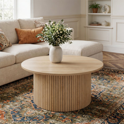 31.5" Round Coffee Table with Vertical Fluted Edges.  Wood & Metal Frame. Non-Slip Pads. Mid-Century Style for Living Room Office Patio Easy Assembly Natural Wood Color