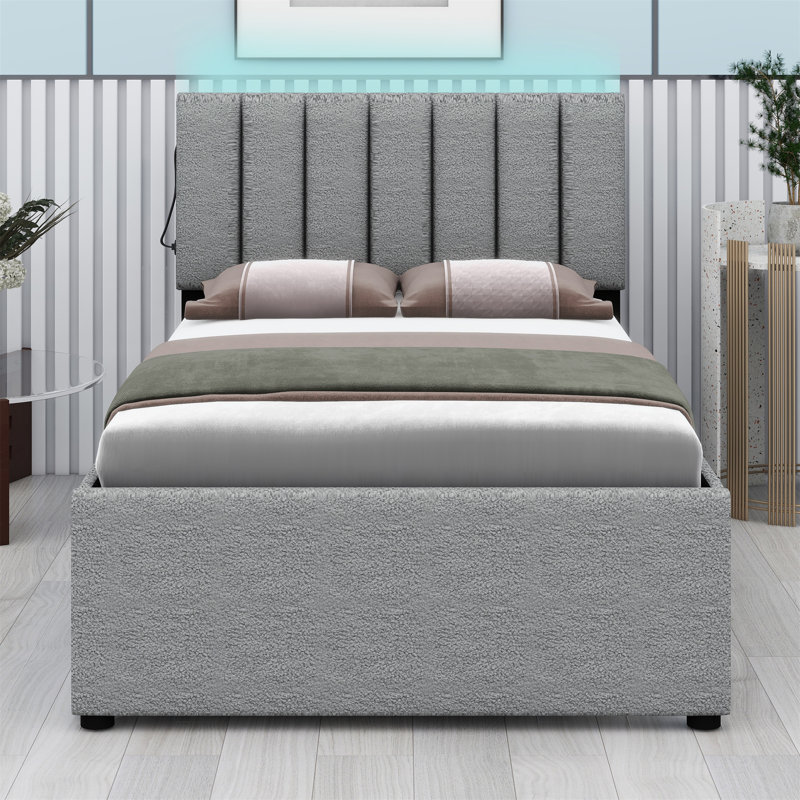 Lit plateforme tapissier avec lit gigogne, Gris