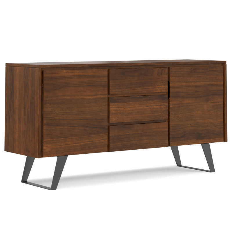 Lowry 60"W Walnut Veneer Industrial 3-Door Sideboard Buffet with Adjustable Shelves and Metal Base, Walnut Veneer