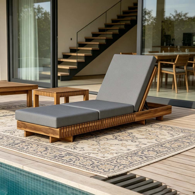 Solid Wood Lounge Chaise, Copper,Teak+Dark Grey+TRIPLE FOLDS