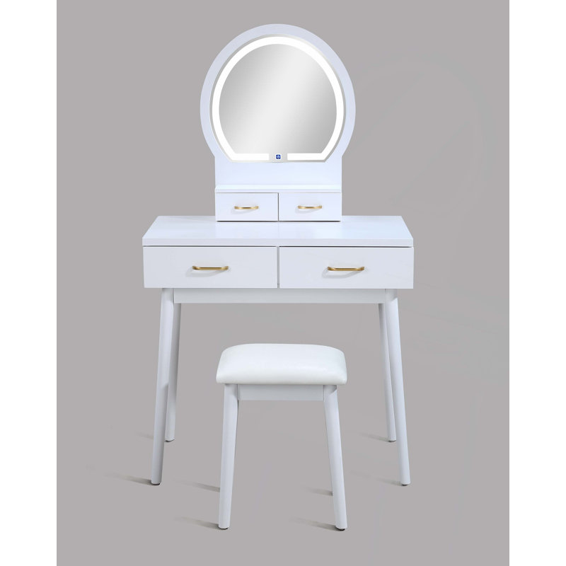 3Pc Vanity Table And Stool Set Built-In Led-Lit Mirror Matching Cushioned Stool Gold-Accented Handles Wooden Home Furniture