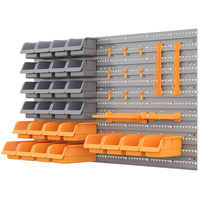 Ensemble de support à outils perforé mural 44 pièces DURHAND avec divers bacs de rangement, panneau perforé et crochets, orange
