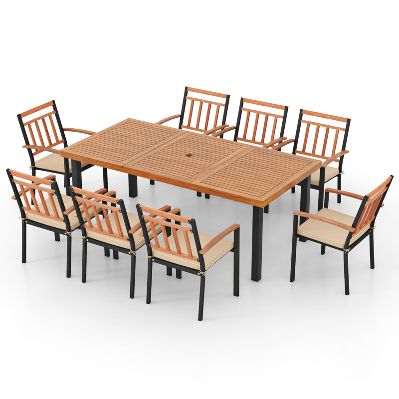 9 Pcs Patio Dining Table Chair Set, 79 In. L Dining Table With Umbrella Hole