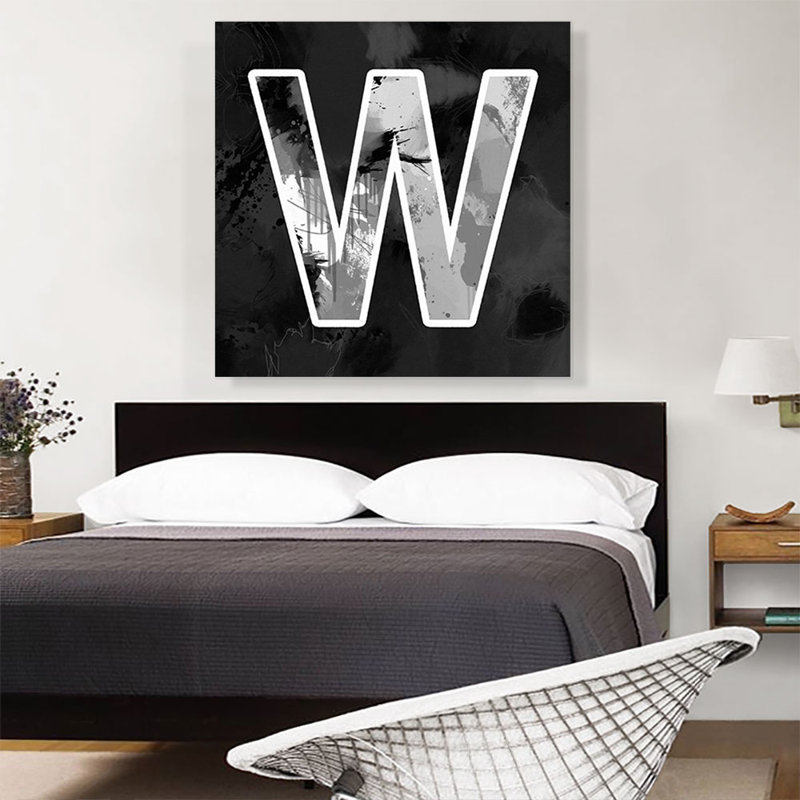 Art moderne noir et blanc, lettre W - reproduction d'art textuel sur toile tendue, H 36 po x l 36 po x P 0,75 po