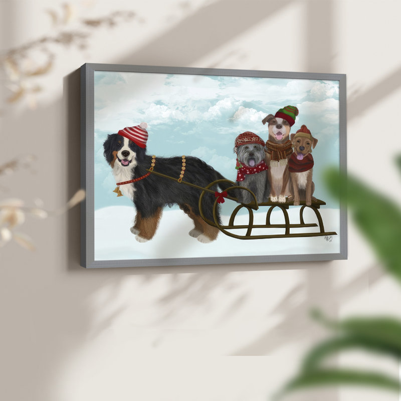 Christmas Mutt Sled -Framed Print - Restickable, 16" H x 20" W, Gray