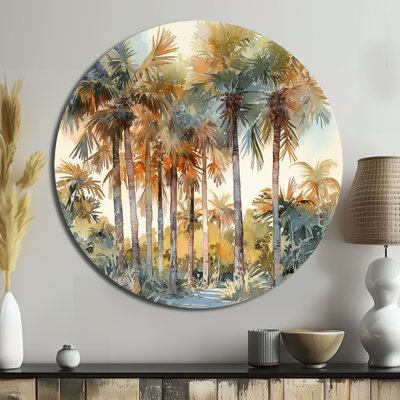 Palmier vert paradis III - art floral rond en métal