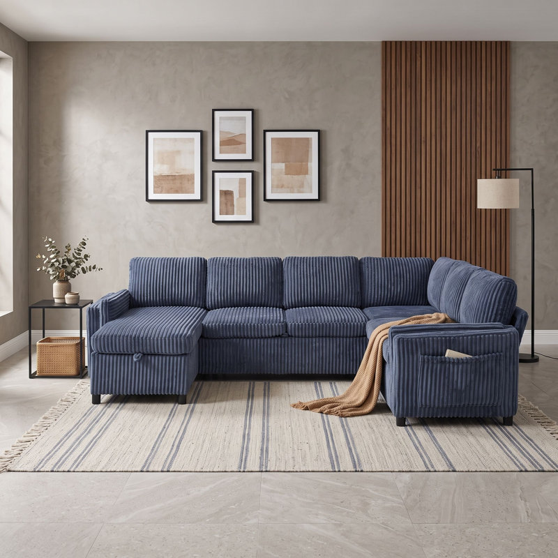 Canapé modulaire convertible 5 places avec méridienne réversible, rangement caché et ports USB, Blue