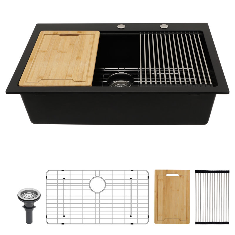 33X22" Black Granite Composite Quartz Sink For Kitchen, Strong And , Quiet Smooth, Non - Porous Surface To Keep Kitchen Clean, Package With Strainers Grid Workstation Drop In Sink, High End Quartz,