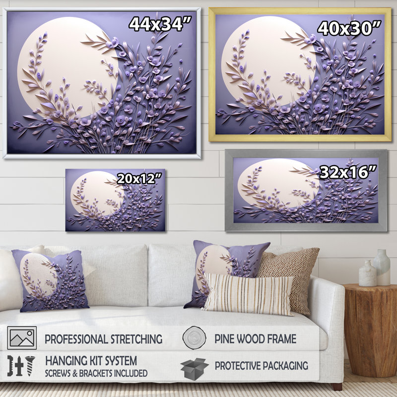 Lavande Luminescence Moon Stilness - Art mural lune, H 30 po x l 40 po x P 1,5 po, Cadre simple noir