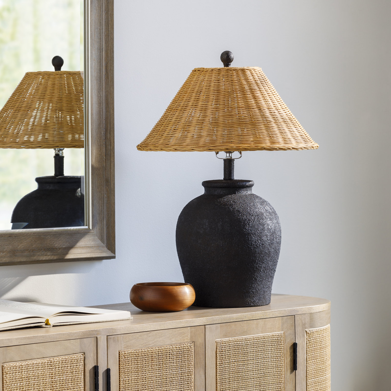 Chemise Ceramic Table Lamp, Rattan, Black