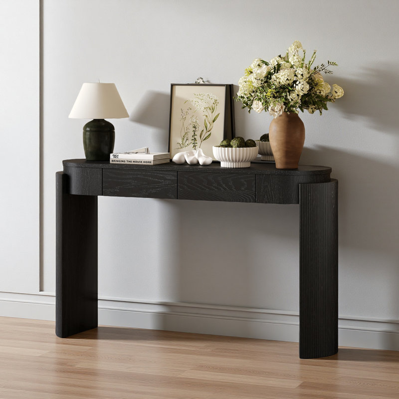 Table With Natural Wood Grain Finish, Console Table With Fluted Design, Oval Top And 2 Drawers For Entryway, Black