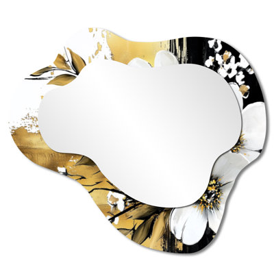 Pétunias dorés sur marbre foncé - miroir décoratif asymétrique Petunias, miroir mural irrégulier traditionnel, imprimé sur métal