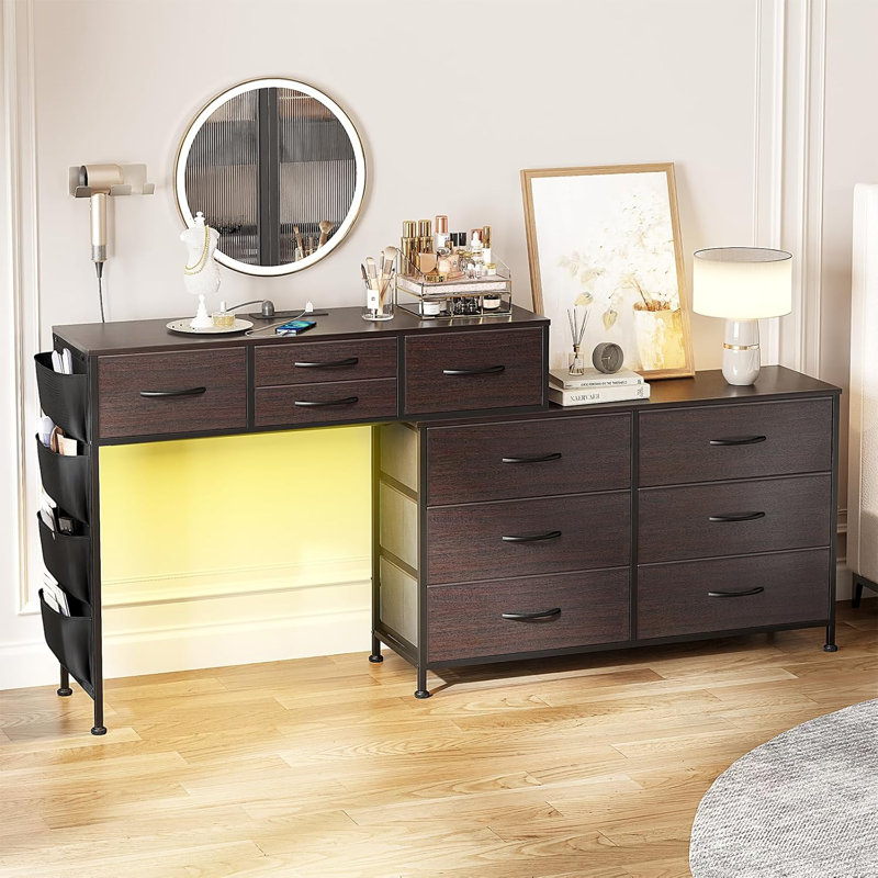 Charging Station And LED Light, 67" Rotatable Vanity Desk With LED Light And Side Pockets, Makeup Table With 10 Fabric Drawers, Modern Home Office Desks