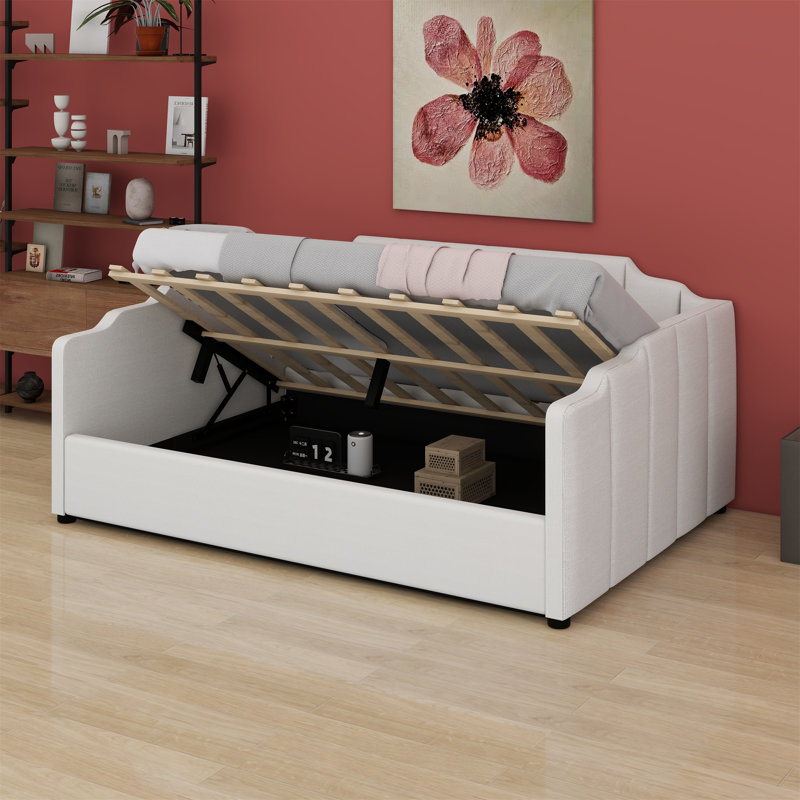 Lit de jour rembourré avec rangement inférieur, Beige