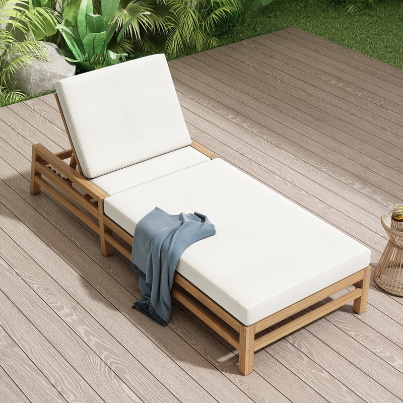 5-Position Adjustable Outdoor Chaise Lounge, Solid Wood Patio Recliner With Thick Cushions For Pool, Balcony & Garden