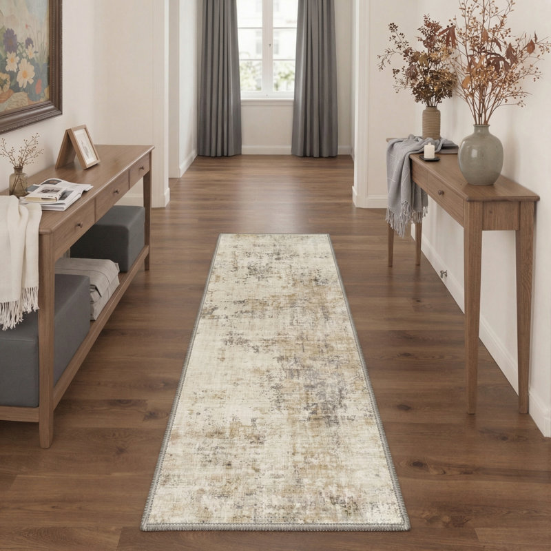 Mignone Aura Modern Distressed Abstract Machine Washable Beige / Brown / Grey Indoor Area Rug with Non-Slip Backing