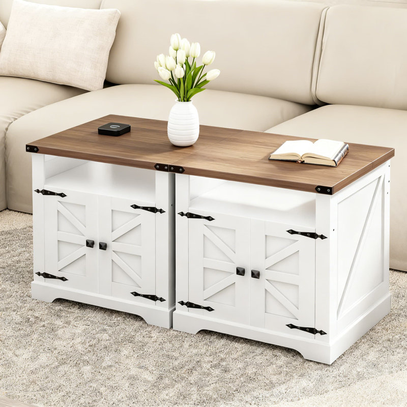 Ensemble de 2 tables de bout Farmhouse avec station de charge, conception à couvercle rabattable, armoires à porte de grange et rangement ouvert pour le salon