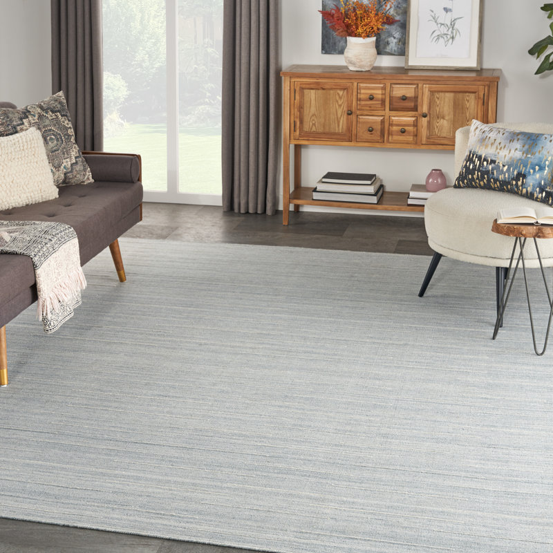 Tapis bleu clair en laine et coton tissé à la main Anerinda, Rectangle de 10 pi x 14 pi