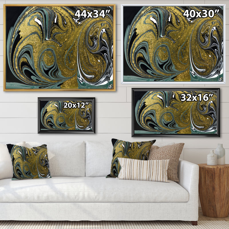 " Blue And Golden Marble Waves " Painting Print, Maple Floater Framed, 30" H x 40" W