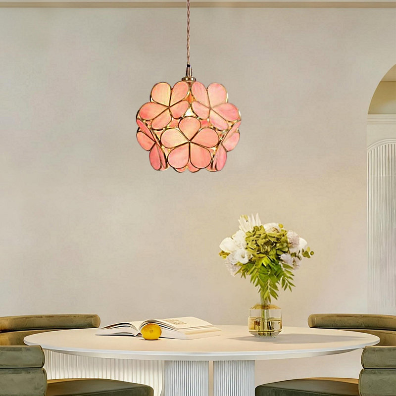 Luminaire suspendu en verre rose avec plaque de plafond en laiton, ampoule incluse