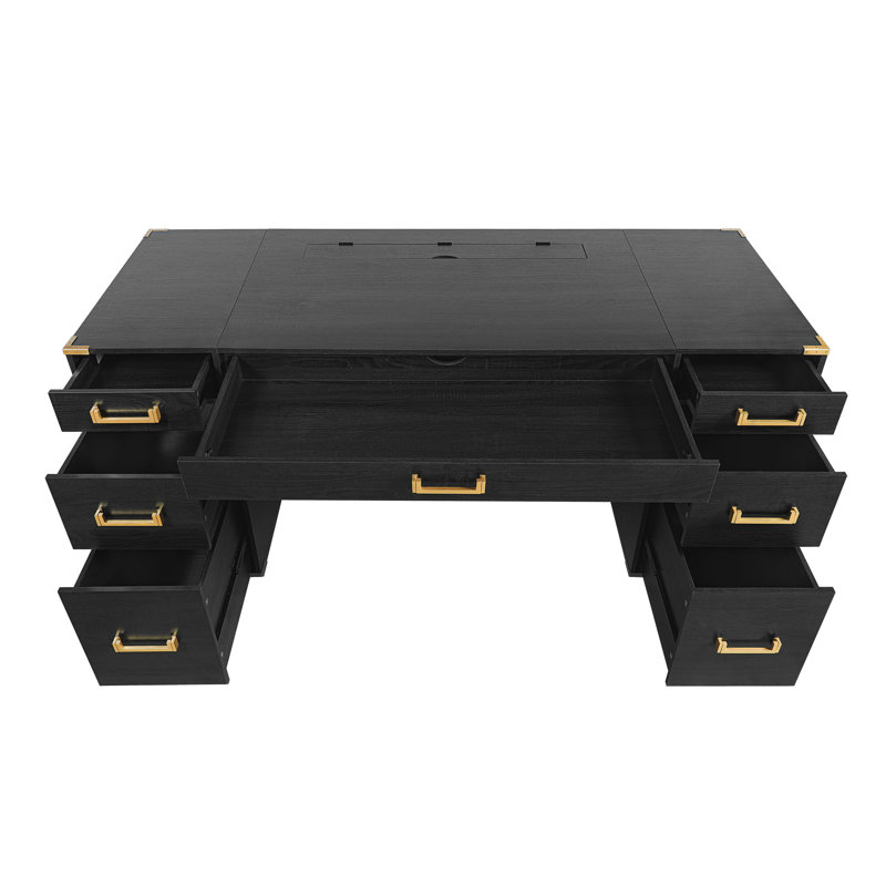 Bureau de direction 70 po avec bordure en métal, finition noire et dorée, grande surface d'écriture pour le bureau personnel