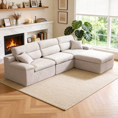 Canapé d'angle avec dossier haut, canapé en L avec chenille flammée, coussin éponge haute densité compressé, canapé sans assemblage peu encombrant