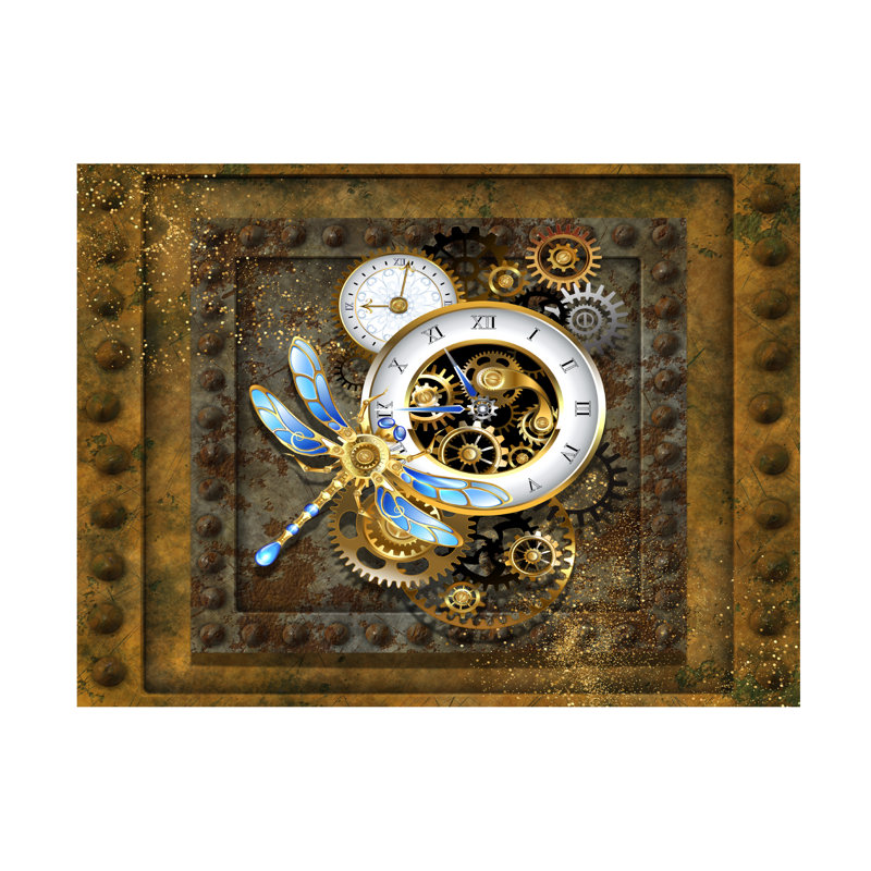 Wrapped Canvas Wall Art - Tina Mitchell 'Steampunk Dragonfly Clock' Wall Art for Living Room, Bedroom, or Office Décor - 19 x 19 Inches 
