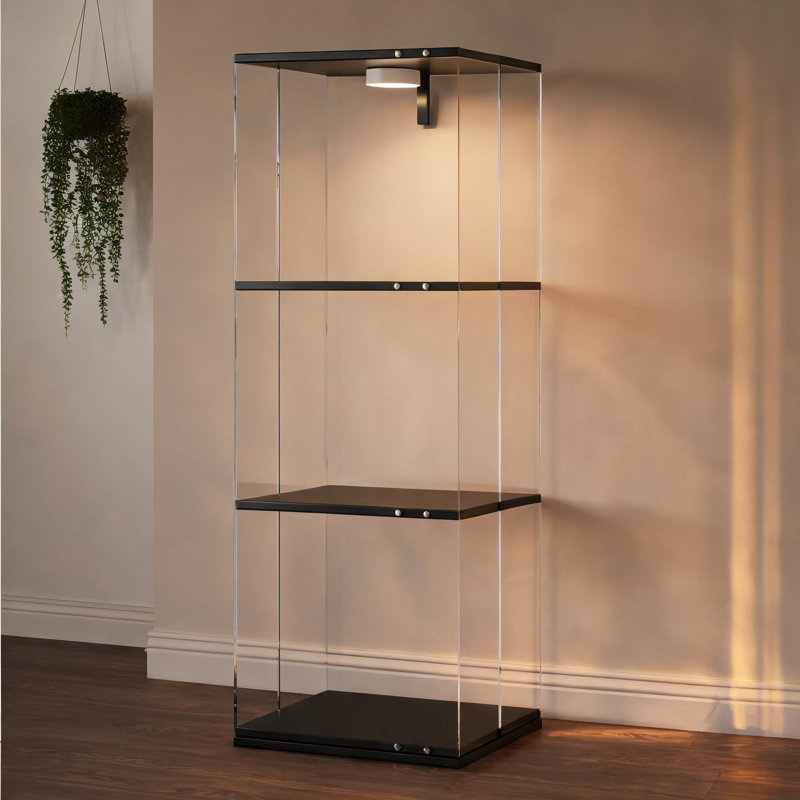 Vitrine rotative en verre trempé en bois d'ingénierie noir à 3 couches, rangement à vin et à décor multi-usage pour le salon et le couloir