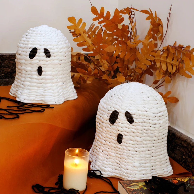 Accents décoratifs blancs en forme de fantôme tissés à la main - ensemble de 2 décorations de table d'Halloween