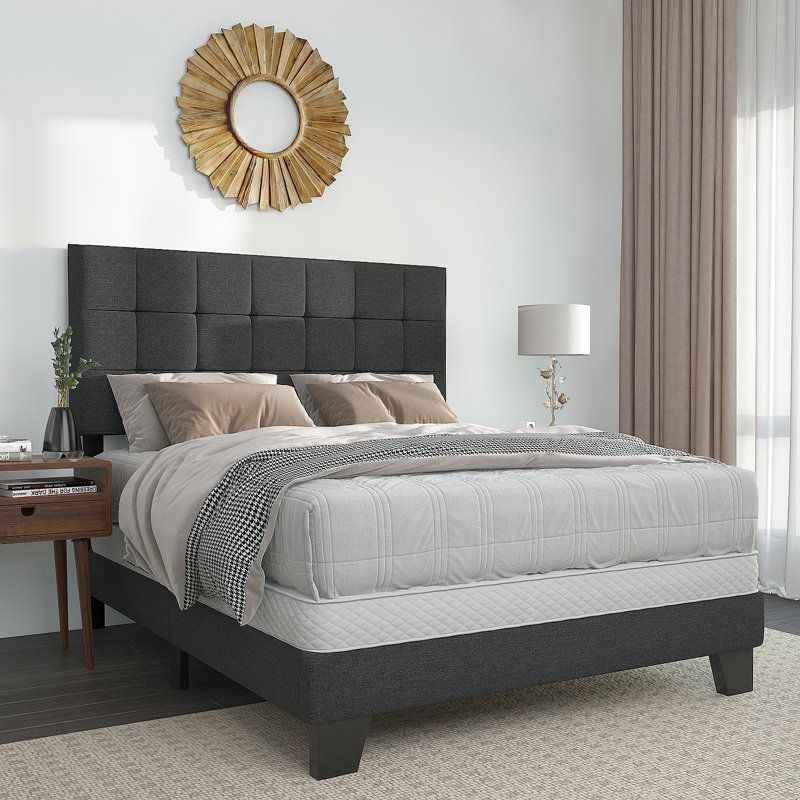 Adjustable Height Linen Upholstered Platform Bed with Tufted Headboard, Queen size, Box Spring Required, Queen, Dark Gray