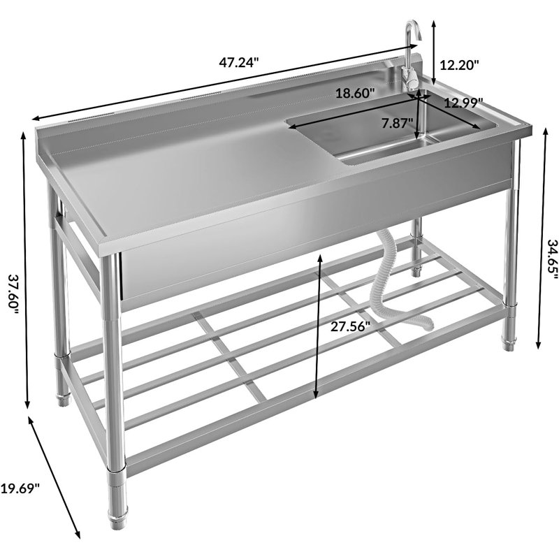 Stainless Steel Utility Sink, Commercial Free Standing Sink with Faucet & Hot/Cold Water Plumbing, Single Bowl Sinks for Laundry, Kitchen, Garage, Outdoor Garden
