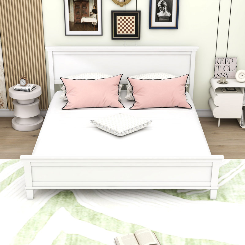 Wood Platform Bed with Headboard and Slats, White, King