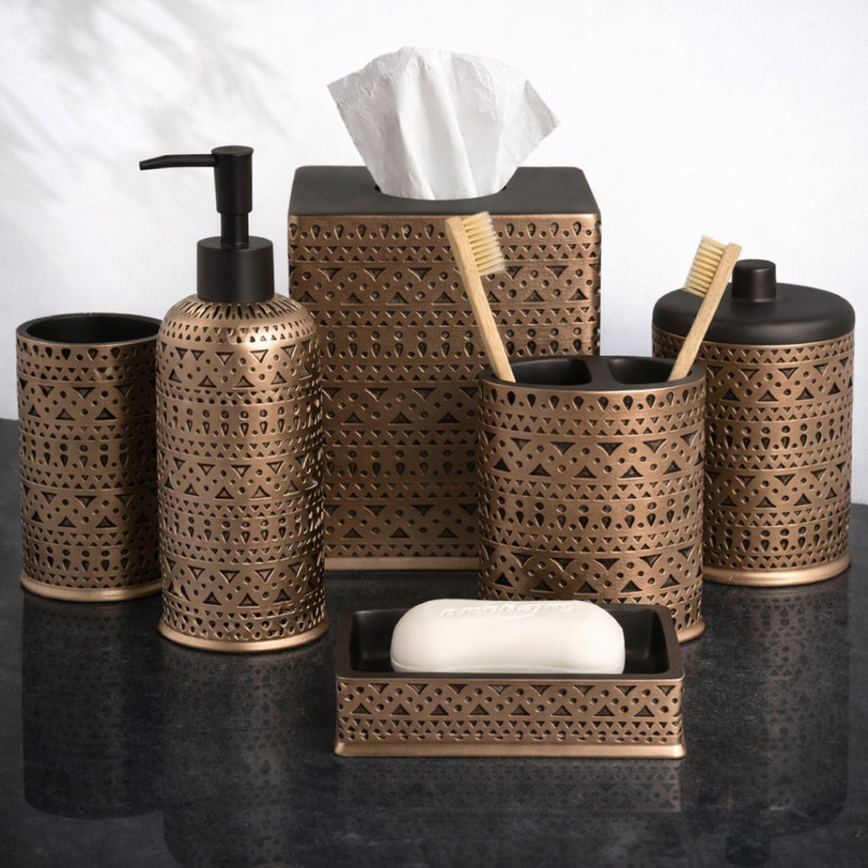 Bathroom Accessories Set - Modern Resin Bathroom Décor with Soap Dispenser, Toothbrush Holder, Tumbler & Tissue Box for Countertop and Bathroom Sets (6Pcs)