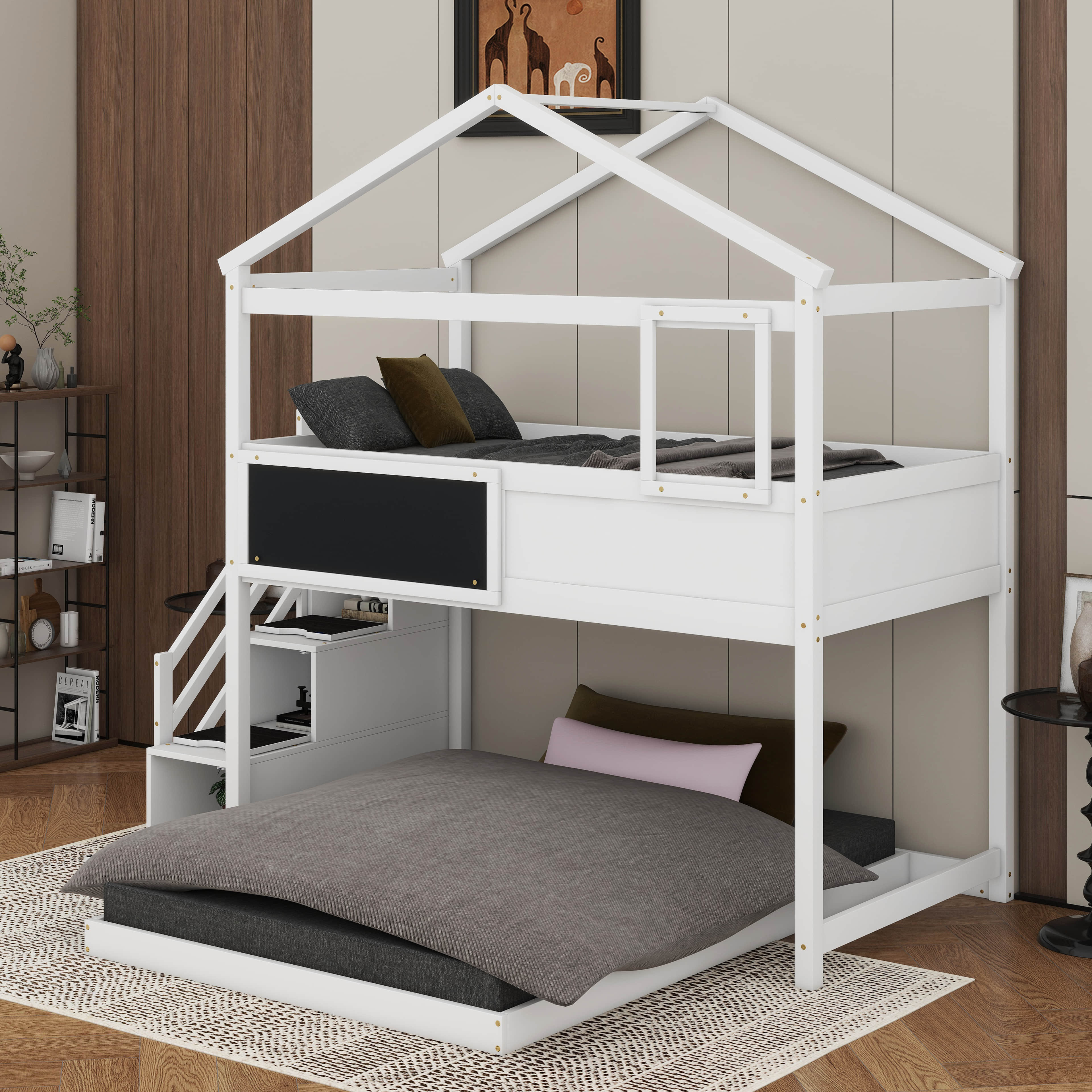 Harper Orchard Twin Over Full House Bunk Bed With Blackboard - Wayfair ...