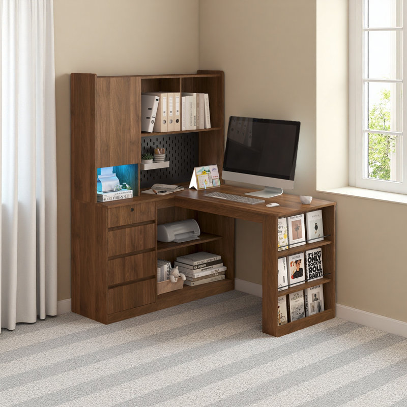 L Shaped Desk,Computer Desk With Drawers,Bookshelf,With LED Light,Modern Corner Desk,Home Office Desk,L-Shaped Study Table Writing Desk,Corner Gaming Computer Desk With Storage