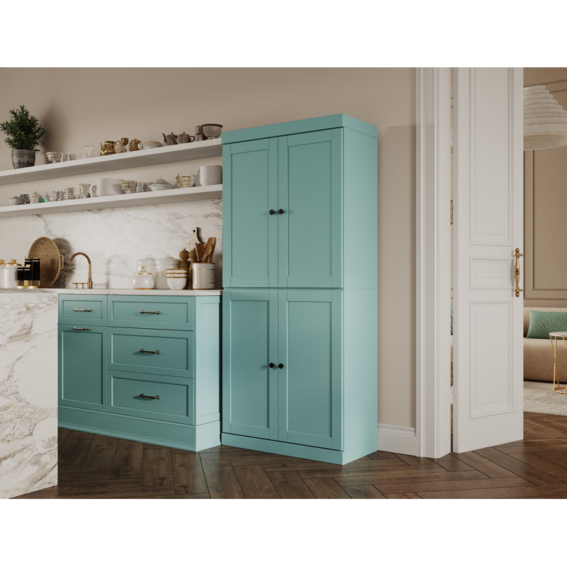 Garde-manger 100% bois massif 32 po avec portes Shaker et tablettes réglables, Bleu aqua
