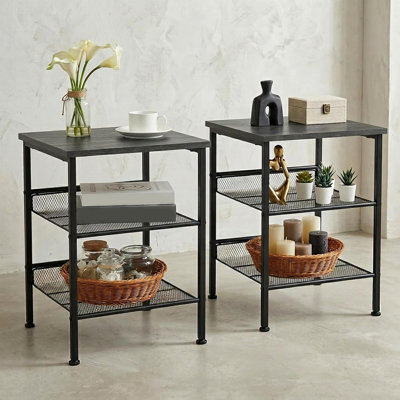 Ensemble de 2 tables de bout industrielles avec rangement à 3 niveaux, tables d'appoint brun rustique avec structure en métal et tablettes en filet, tables de chevet étroites pour le salon, la chambre à coucher, le côté canapé, les petits espaces Gary Dark Gary