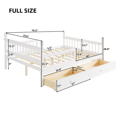 Lit plateforme en bois pour enfant avec 2 tiroirs de rangement, barrières de sécurité, profil bas, sommier à lattes, sans besoin de sommier tapissier.