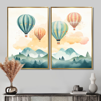 Vert et rouge aquarelle montgolfière Horizon IV - grande montgolfière, art mural sur toile 2 pièces